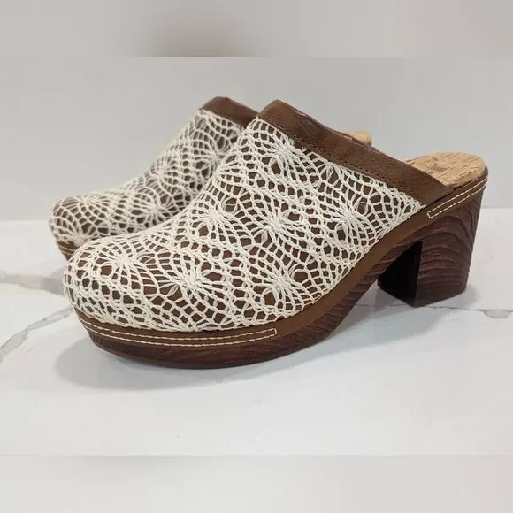 KORKS Women's Nora Clog Tan Crochet Overlay Slip On Wooden Platform Shoes 8 Boho - Picture 4 of 15